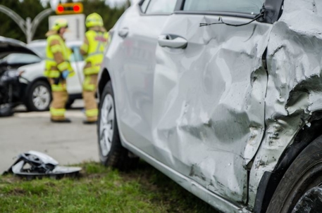 Perspective shot of side of car after collision